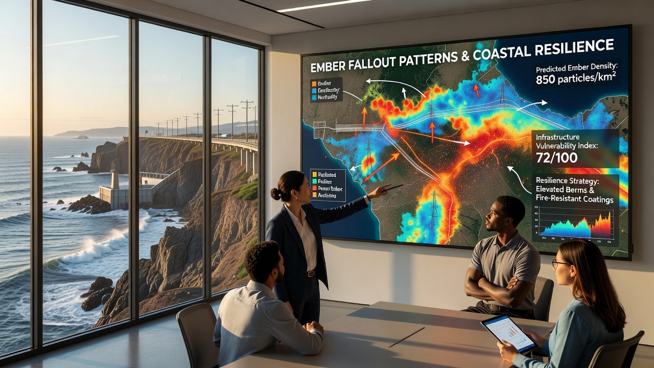 Detailed ember trajectory simulation model overlaid on port infrastructure layout